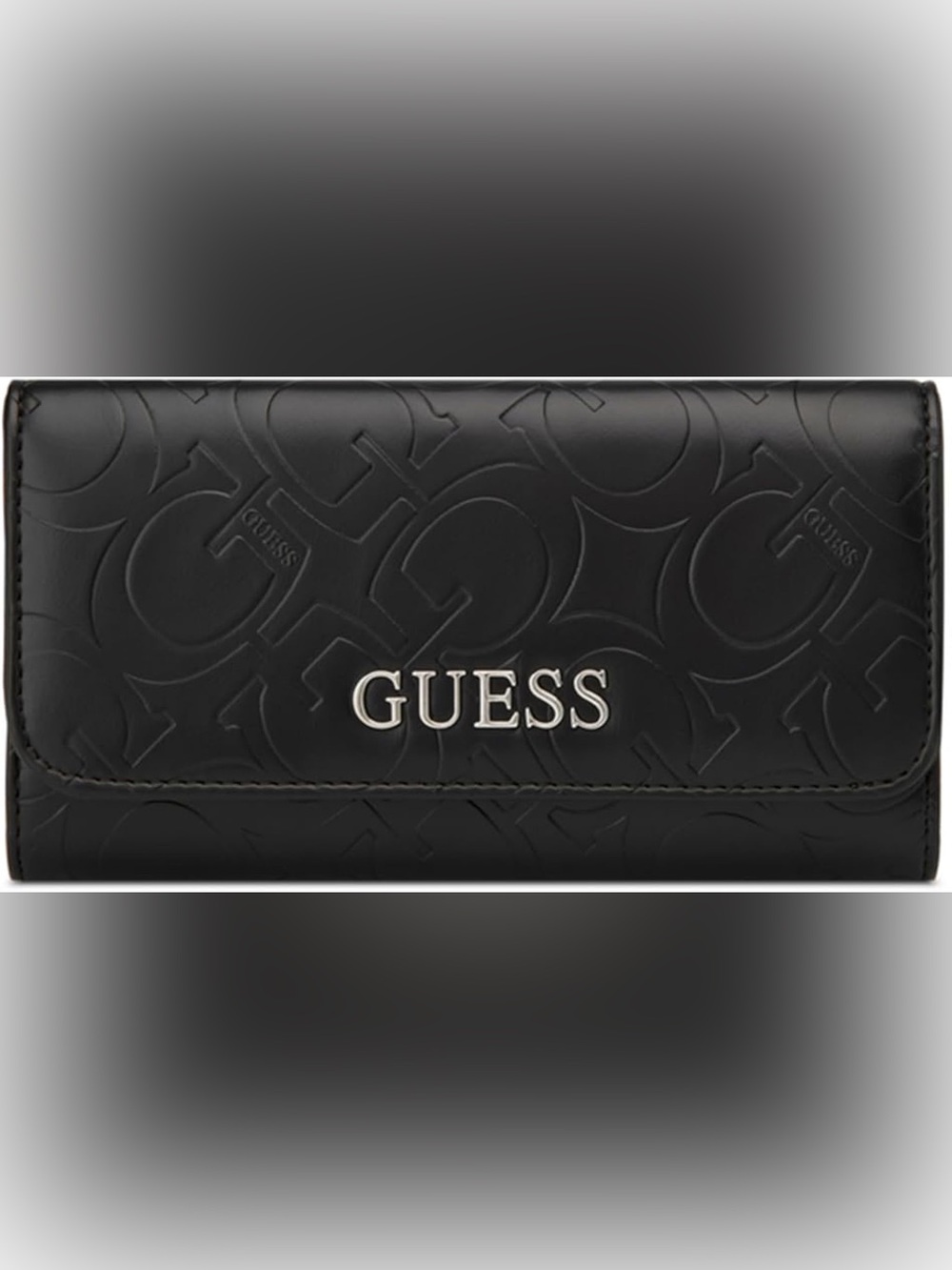 Guess Black Embossed Logo Compact Wallet with Silver-Tone Branding, Snap Button